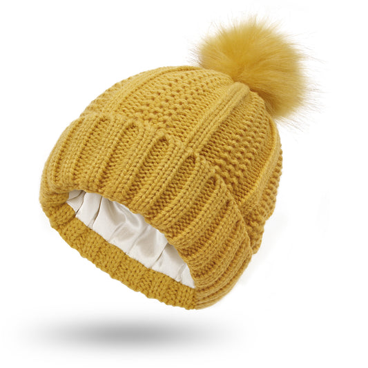 Women’s Satin-Lined Knit Beanie with Faux Fur Pom