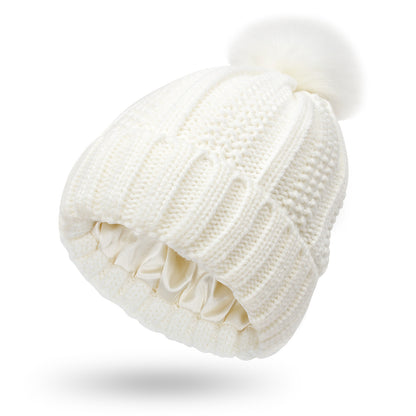 Women’s Satin-Lined Knit Beanie with Faux Fur Pom