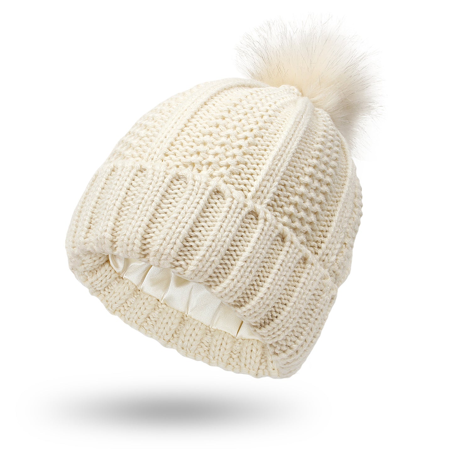 Women’s Satin-Lined Knit Beanie with Faux Fur Pom
