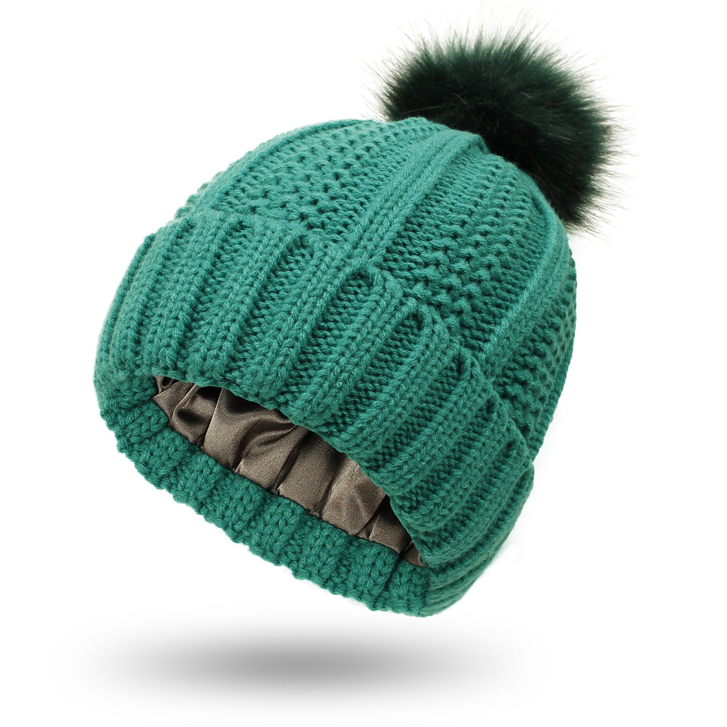 Women’s Satin-Lined Knit Beanie with Faux Fur Pom