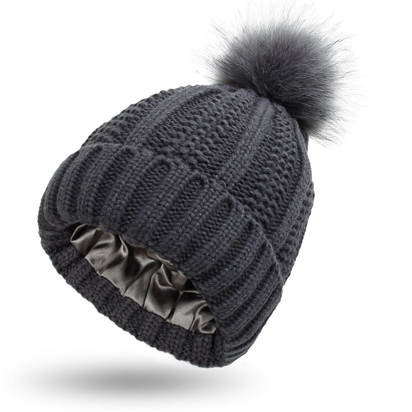 Women’s Satin-Lined Knit Beanie with Faux Fur Pom