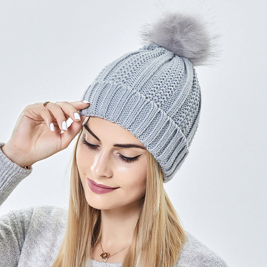Women’s Satin-Lined Knit Beanie with Faux Fur Pom