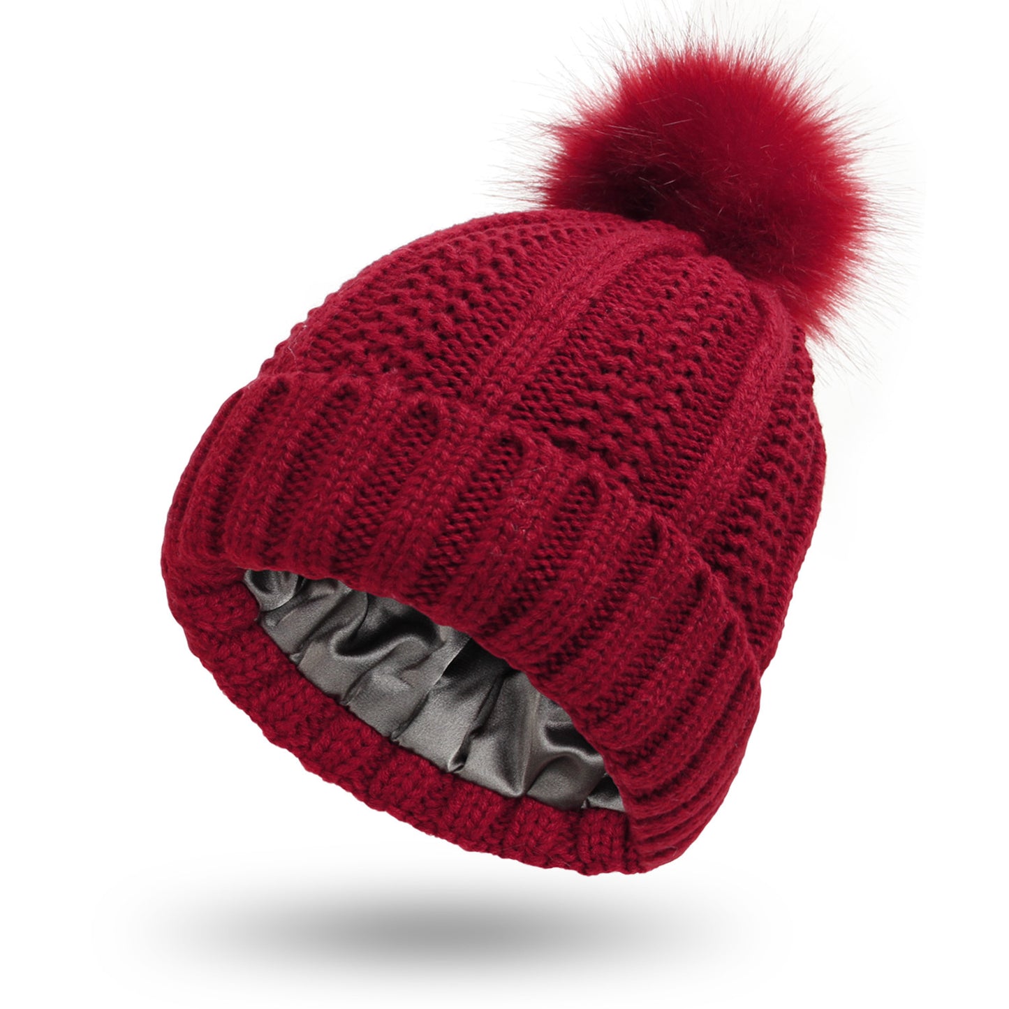 Women’s Satin-Lined Knit Beanie with Faux Fur Pom