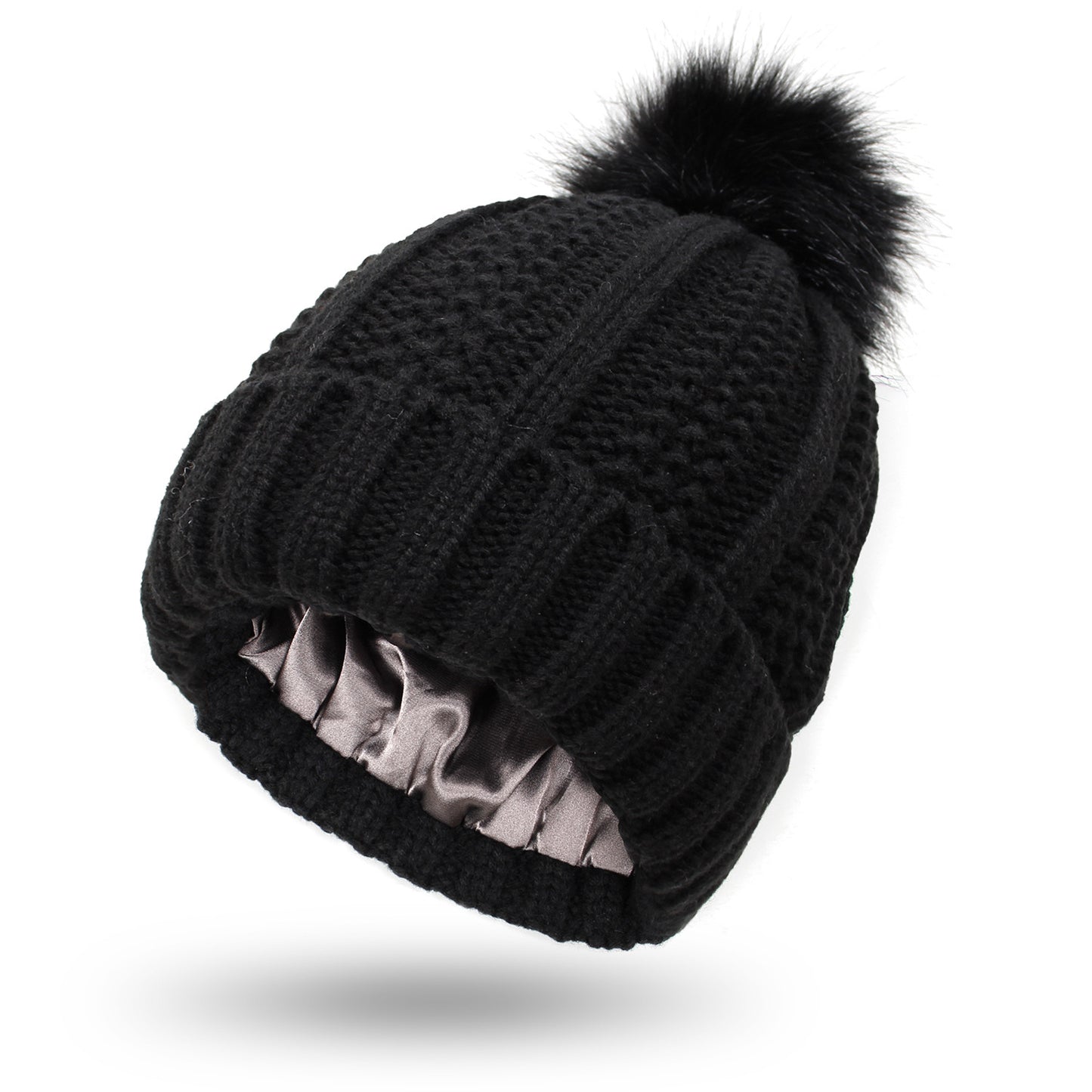Women’s Satin-Lined Knit Beanie with Faux Fur Pom